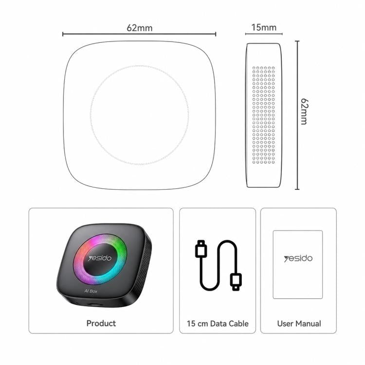 Yesido AI box adapter size diagram with 15 cm cable and user manual