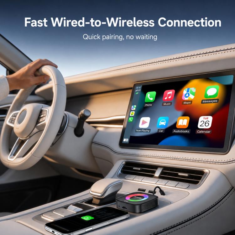 In-car adapter setup: black AI Box on console near a touchscreen dashboard
