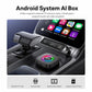 Black Android AI Box with colorful RGB ring on car center console