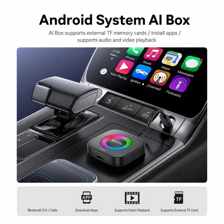 Black Android AI Box with colorful RGB ring on car center console