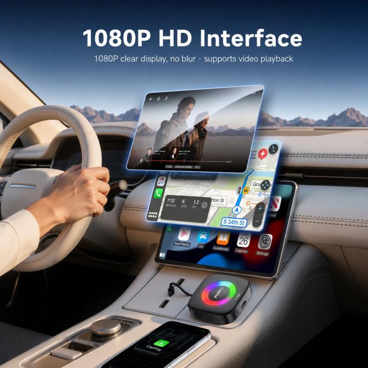Black AI Box adapter on car console with 1080P interface on screens