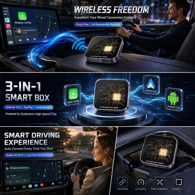 3-in-1 car smart AI box adapter with black circuit-top unit and side ventilation slots