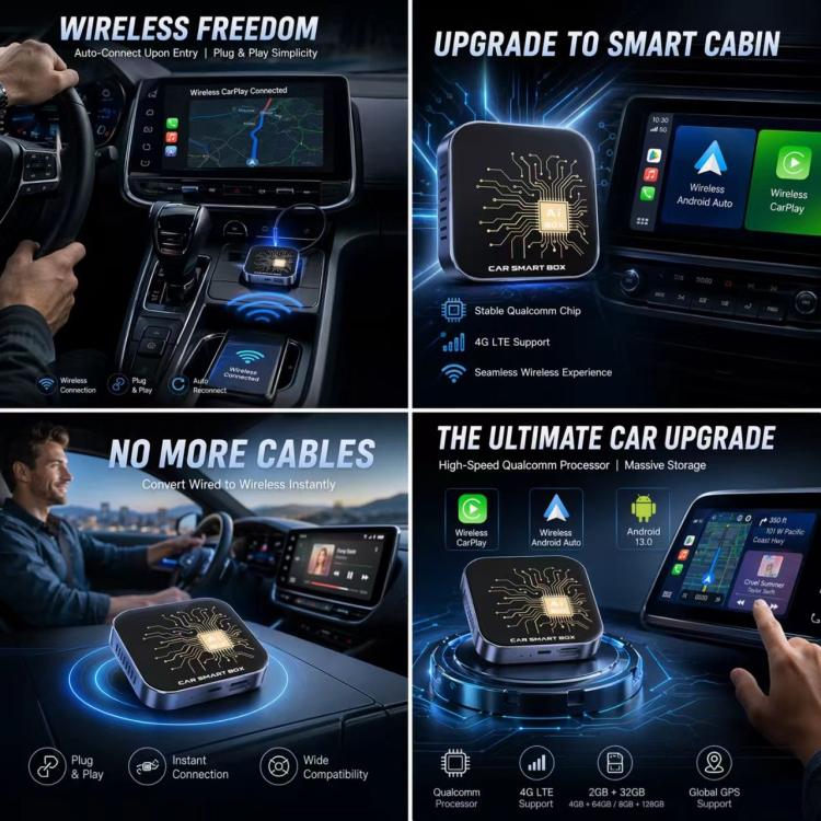 Car smart AI box adapter with glowing base and gold circuit top for car dashboard