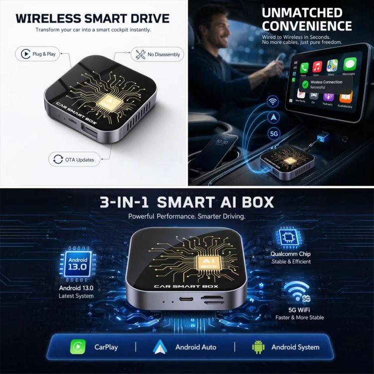 3-in-1 smart AI box adapter, black cube device with gold circuit design and vents