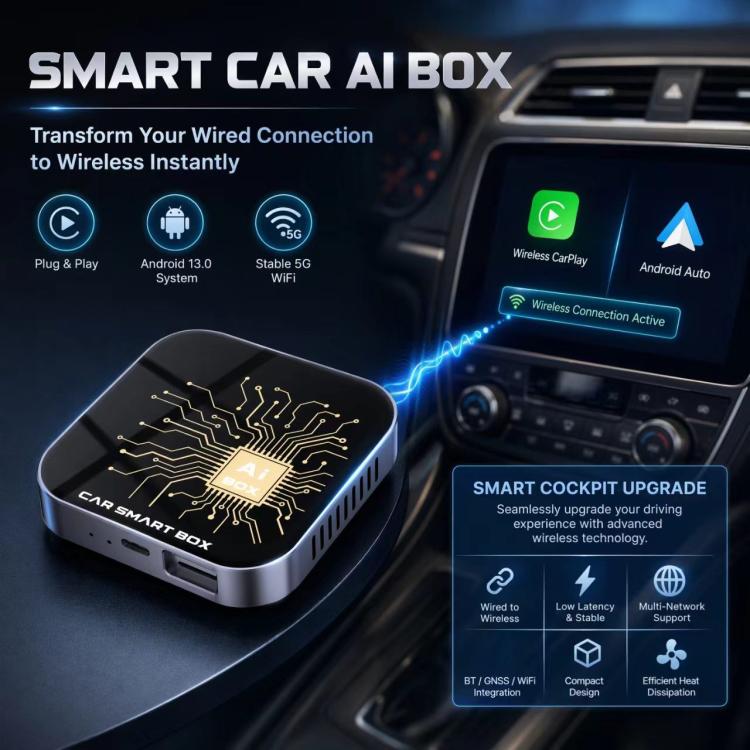 Car smart AI box adapter on dashboard, black circuit top with gold chip emblem