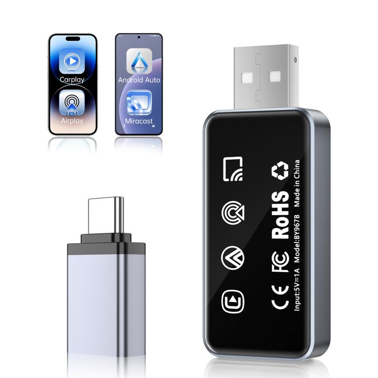 Wireless car smart box adapter, USB plug with indicator icons on black casing