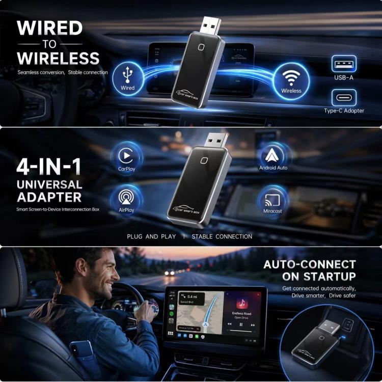 Universal smart box car wireless adapter shown with USB-A and Type-C connectors