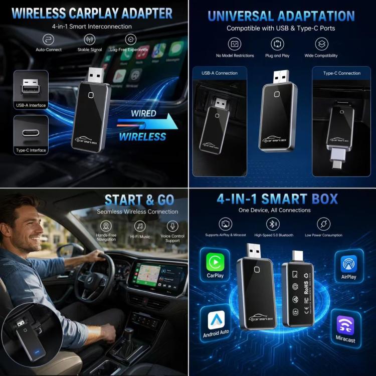 Wireless CarPlay adapter smart box with USB-A and Type-C port options