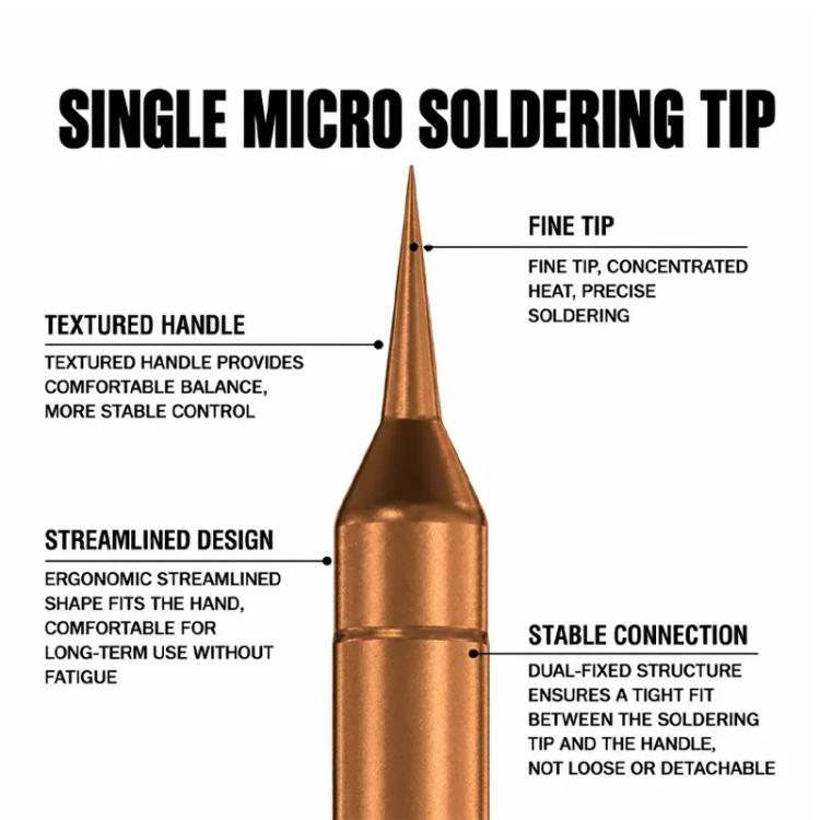 Single micro soldering tip with textured handle and pointed bronze tip