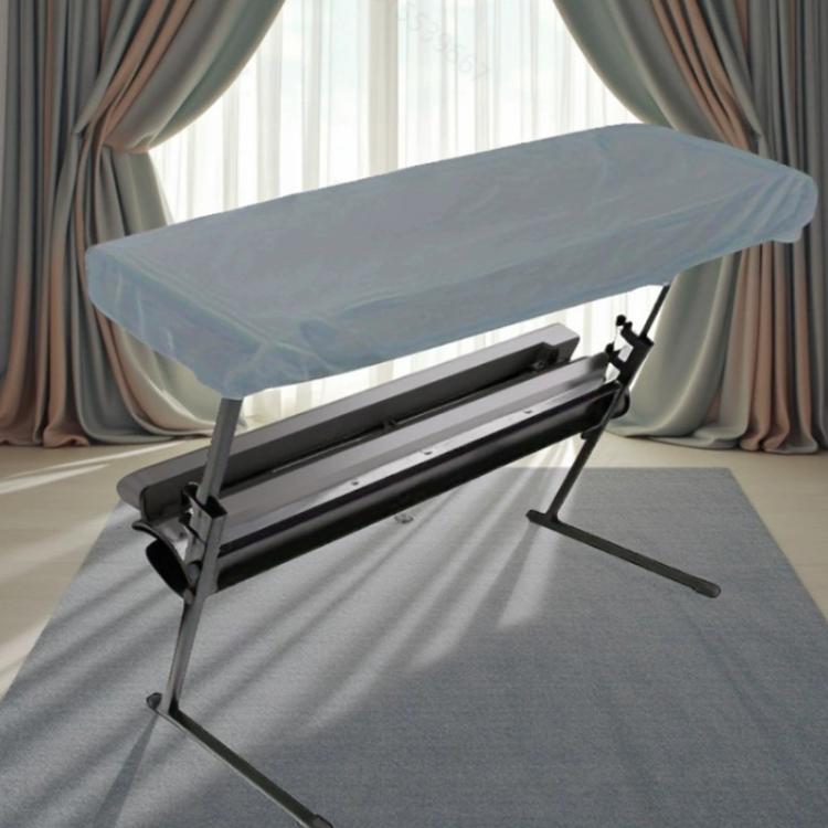 Grey dustproof piano keyboard cover with drawstring, fitted over electronic keyboard stand.
