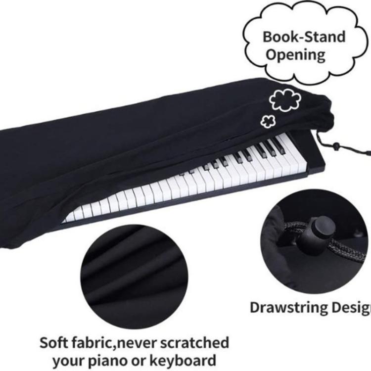Black dustproof piano cover with drawstring and book-stand opening over keys.