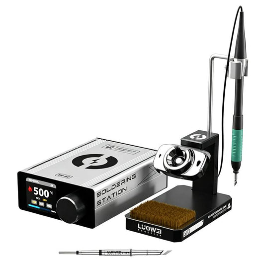 Desktop soldering station with digital control unit, stand, and black handle with soldering tip