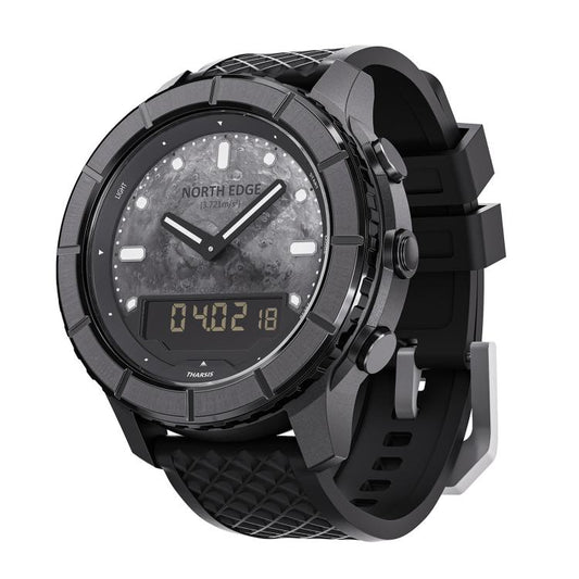 Black martian-style electronic wristwatch with textured strap and glowing digital time display