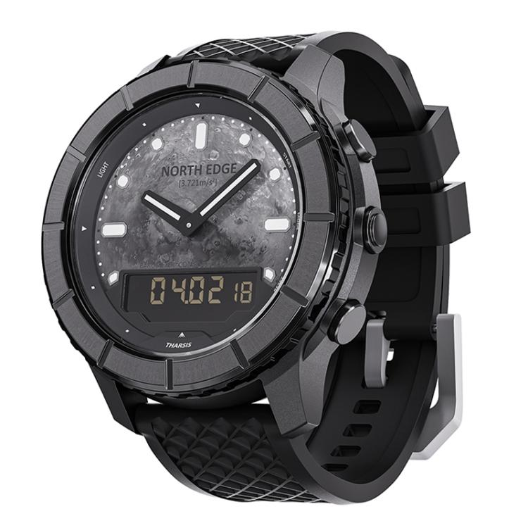 Men's black carbon-fiber style smartwatch with rugged bezel and silicone strap