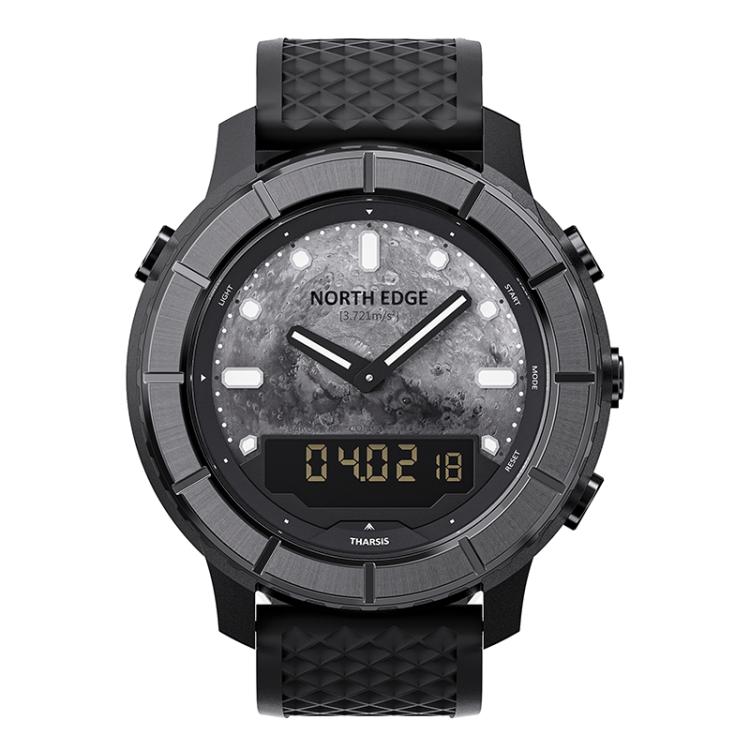 Men's black rugged smartwatch with textured rubber band and round digital display