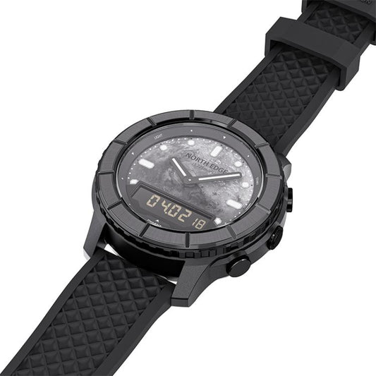 Rugged black smartwatch with textured strap and oversized round watch face