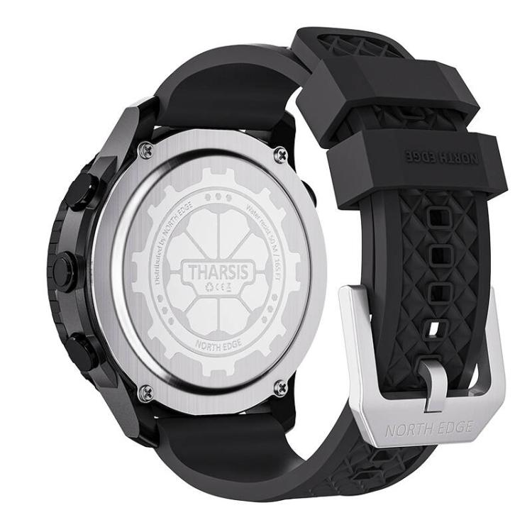 Rugged smartwatch with black strap and metal case back with THARSIS marking