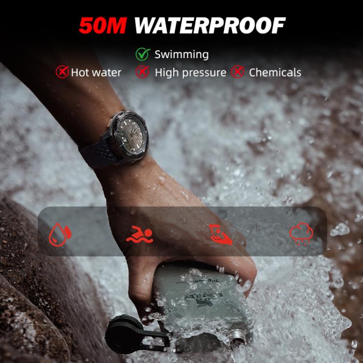 Men's black waterproof smartwatch on wrist with round face