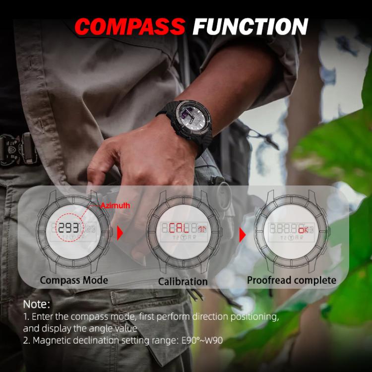 Men's black smartwatch on wrist with round face and digital compass display