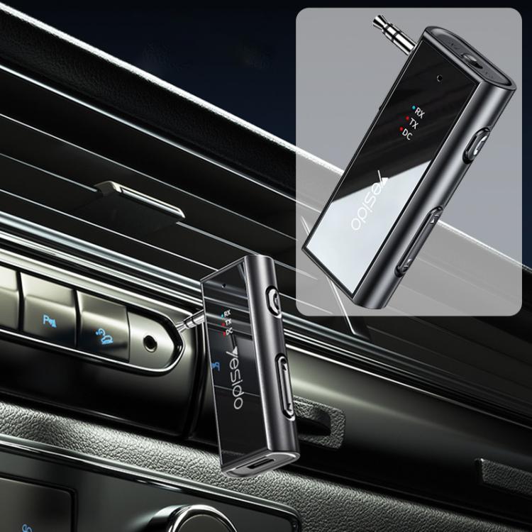 Black 3.5mm AUX Bluetooth adapter with RX/TX ports and angled 3.5mm plug