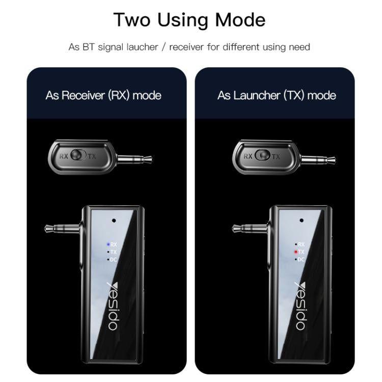Black 3.5mm AUX Bluetooth adapter shown in RX mode and TX mode