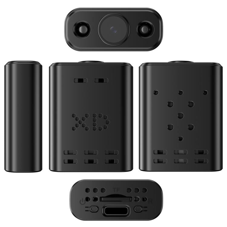 Black mini security camera viewed from front, back, and side with ports