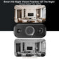 Black mini security camera with wide front lens and two side lenses
