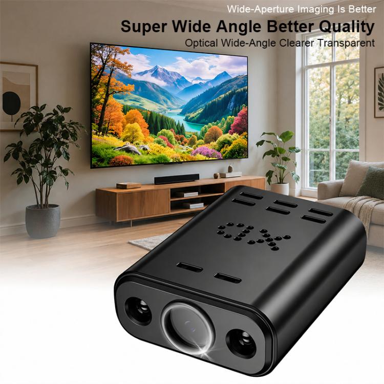 Black wide-angle mini camera with dual lenses and textured top panel