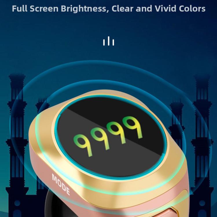 Smart counter ring with bright glowing oval display and gold ring band