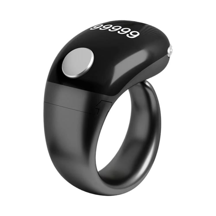 Adjustable smart prayer counter ring, black with silver button and recessed display