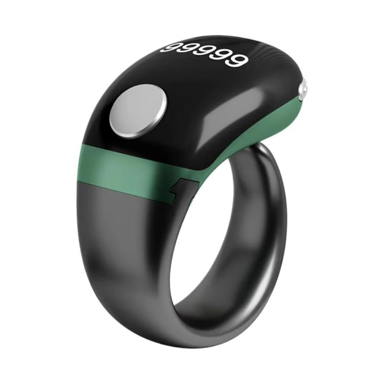 Adjustable smart prayer counter ring, black with green accent band and silver button