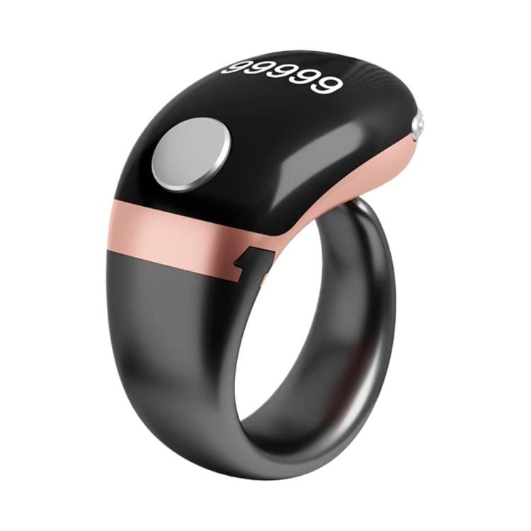 Adjustable smart prayer counter ring, black with rose-gold accent band and silver button