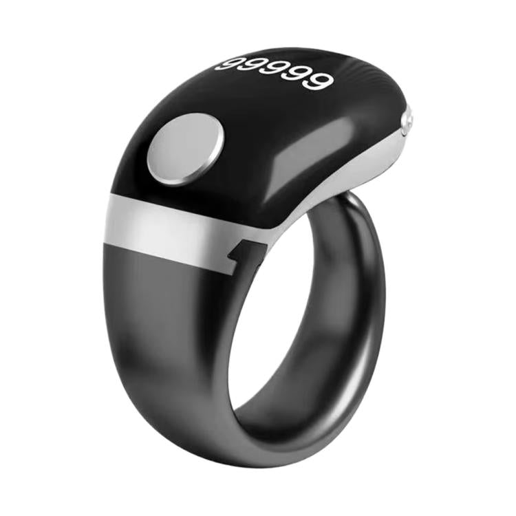 Adjustable smart prayer counter ring, black with white accent band and silver button