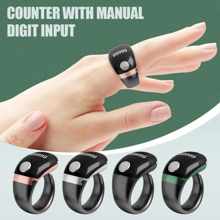 Black adjustable prayer counter ring on a hand, silver button on top