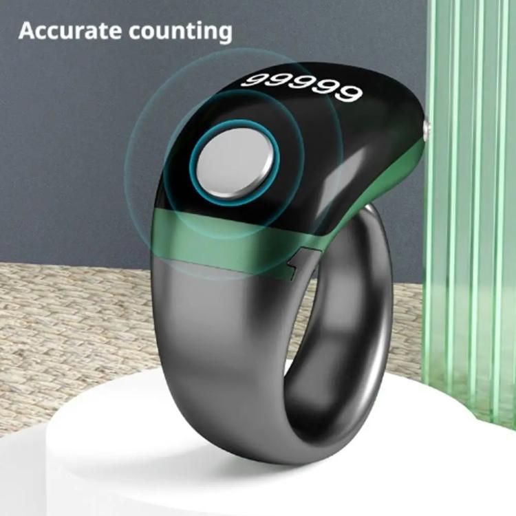Adjustable smart prayer counter ring, black with green band and bright blue-lit ring screen