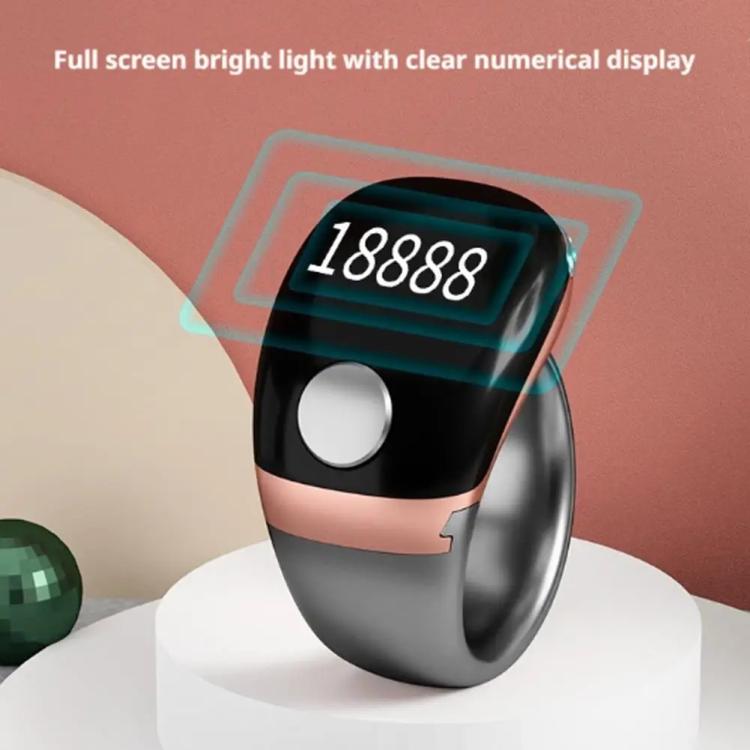 Black adjustable prayer counter ring with bright screen and rose-gold accent band