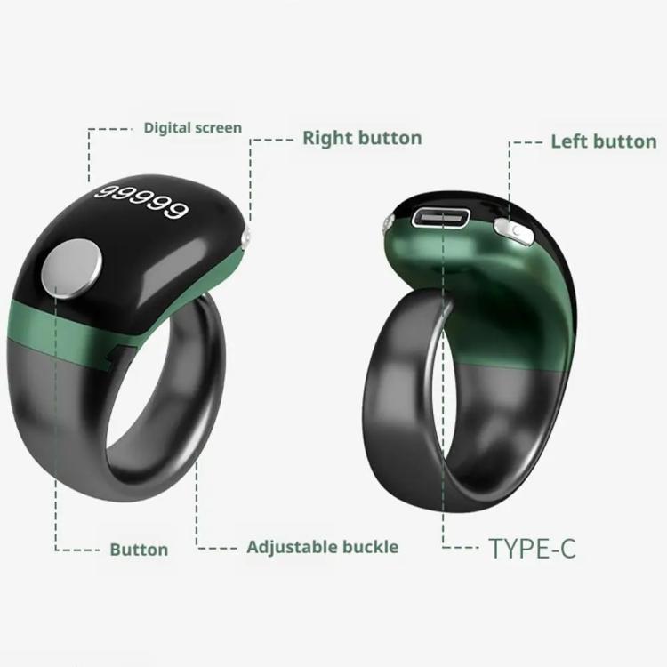 Black prayer counter ring showing side buttons and Type-C charging port
