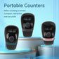 Three black smart prayer counter rings with different colored bands and illuminated screens