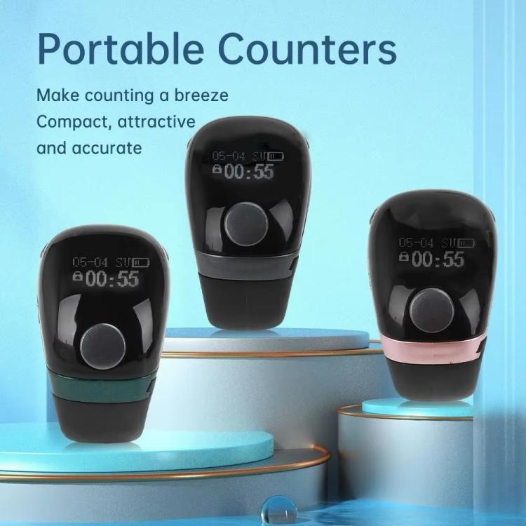 Three black smart prayer counter rings with different colored bands and illuminated screens