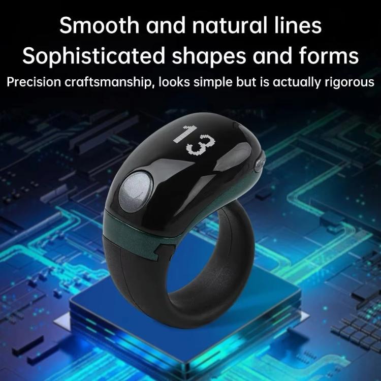 Black adjustable smart Bluetooth prayer ring with smooth glossy top and icon