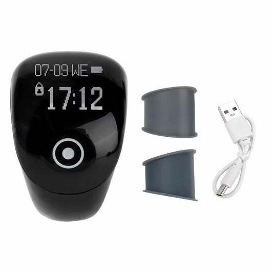 Smart prayer ring counter with black glossy body and digital display showing 12:34
