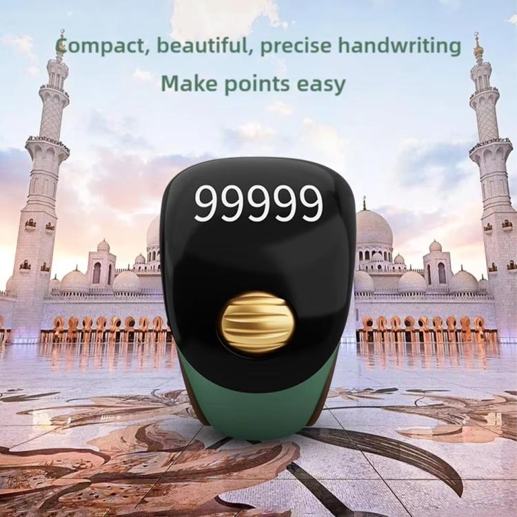 Green smart prayer ring counter with glowing 999999 screen