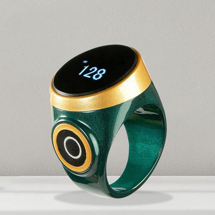 Smart Bluetooth prayer counter ring, emerald green band with black OLED display showing 128