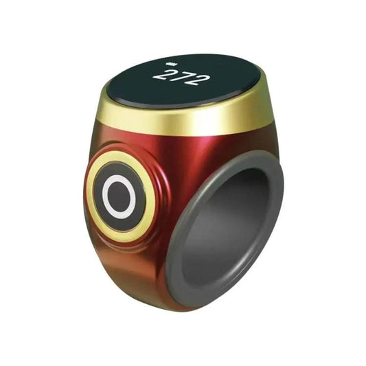 Smart prayer counting ring, wine red finish with gold band and black OLED display