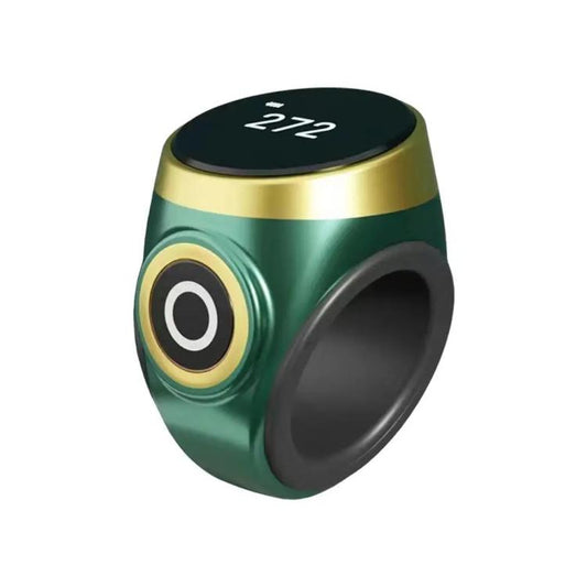 Smart prayer counting ring, emerald green finish with gold band and black OLED display