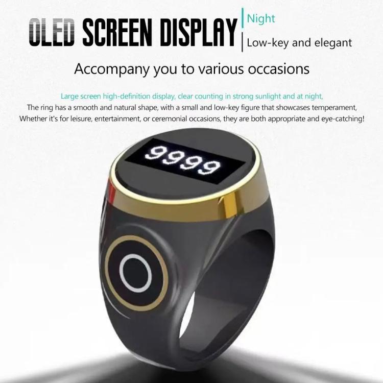 Smart prayer counting ring with glowing black OLED display showing 9999