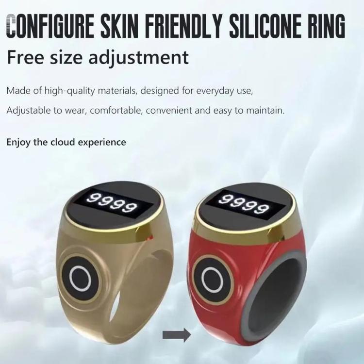 Adjustable prayer counting ring pair with black OLED display showing 9999