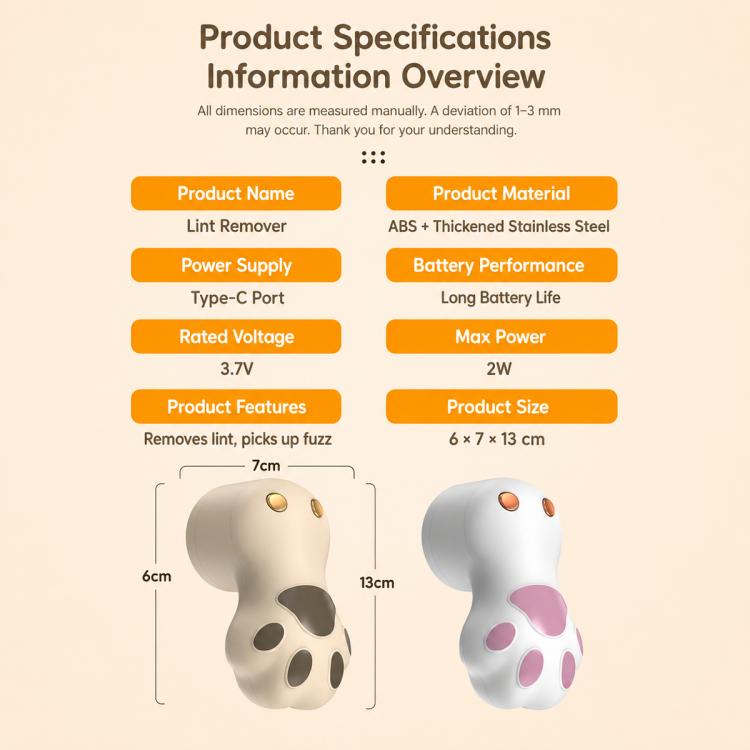 Cat-paw electric lint remover size diagram with two head color options.