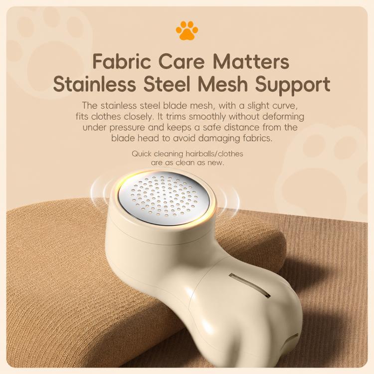 White electric lint remover with cat paw head and circular stainless mesh opening