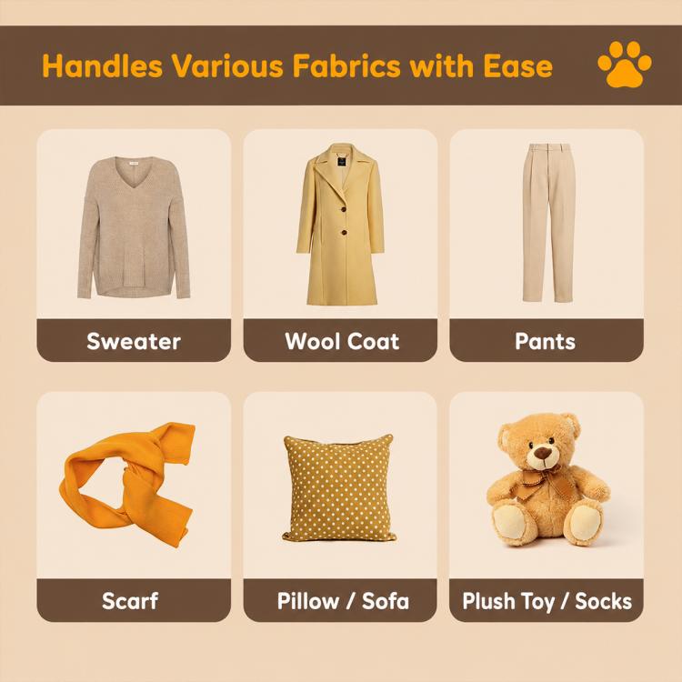 Electric lint remover shown with fabric-care use cases, featuring cat paw head